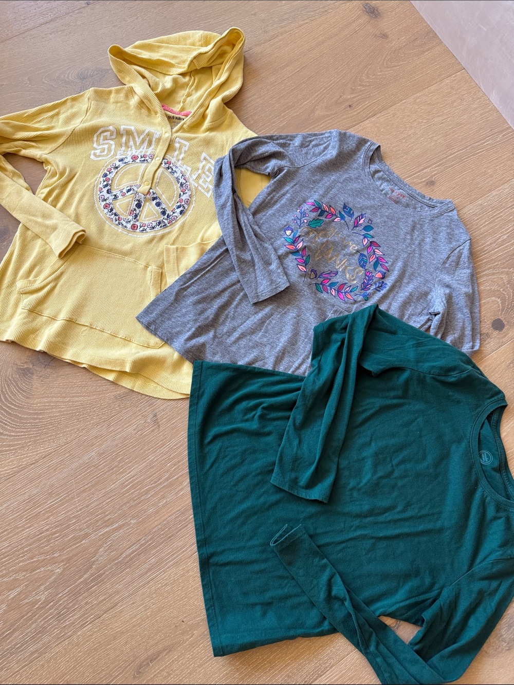 Old Navy Yellow Hoodie, Gray Graphic Tee, and Dark Green Long Sleeve Top - Girls